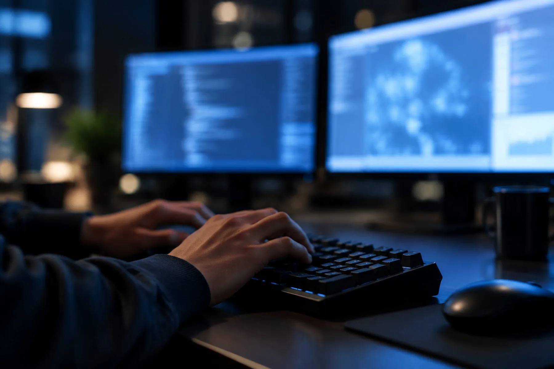 Hands on a keyboard at a workstation with two monitors glowing softly out of focus in a dark office