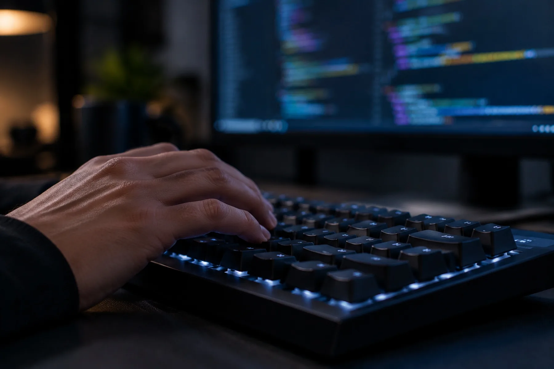 A hand resting on a backlit mechanical keyboard with out-of-focus code on a monitor behind