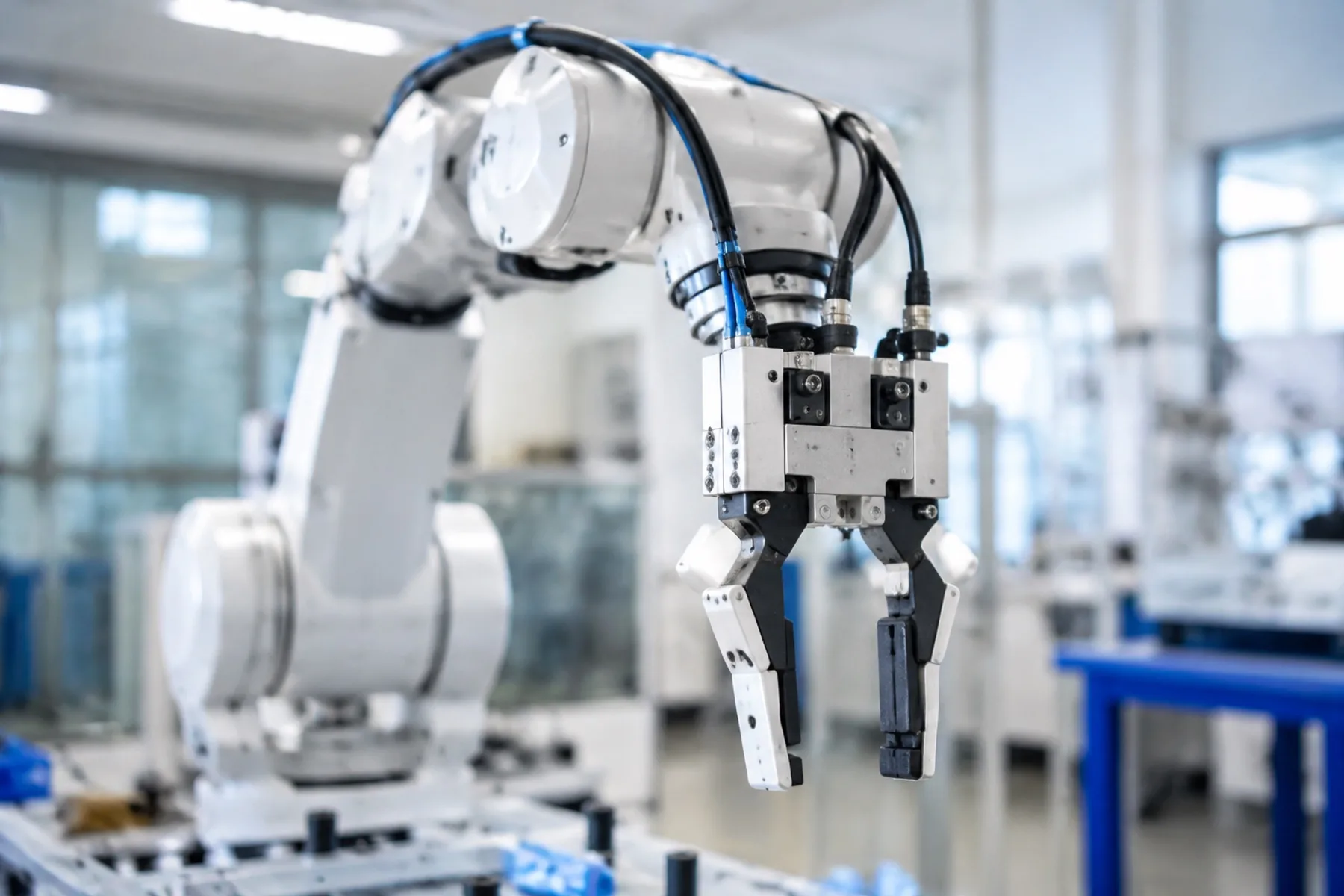 A close-up of an industrial robot arm with a two-finger gripper in a bright laboratory