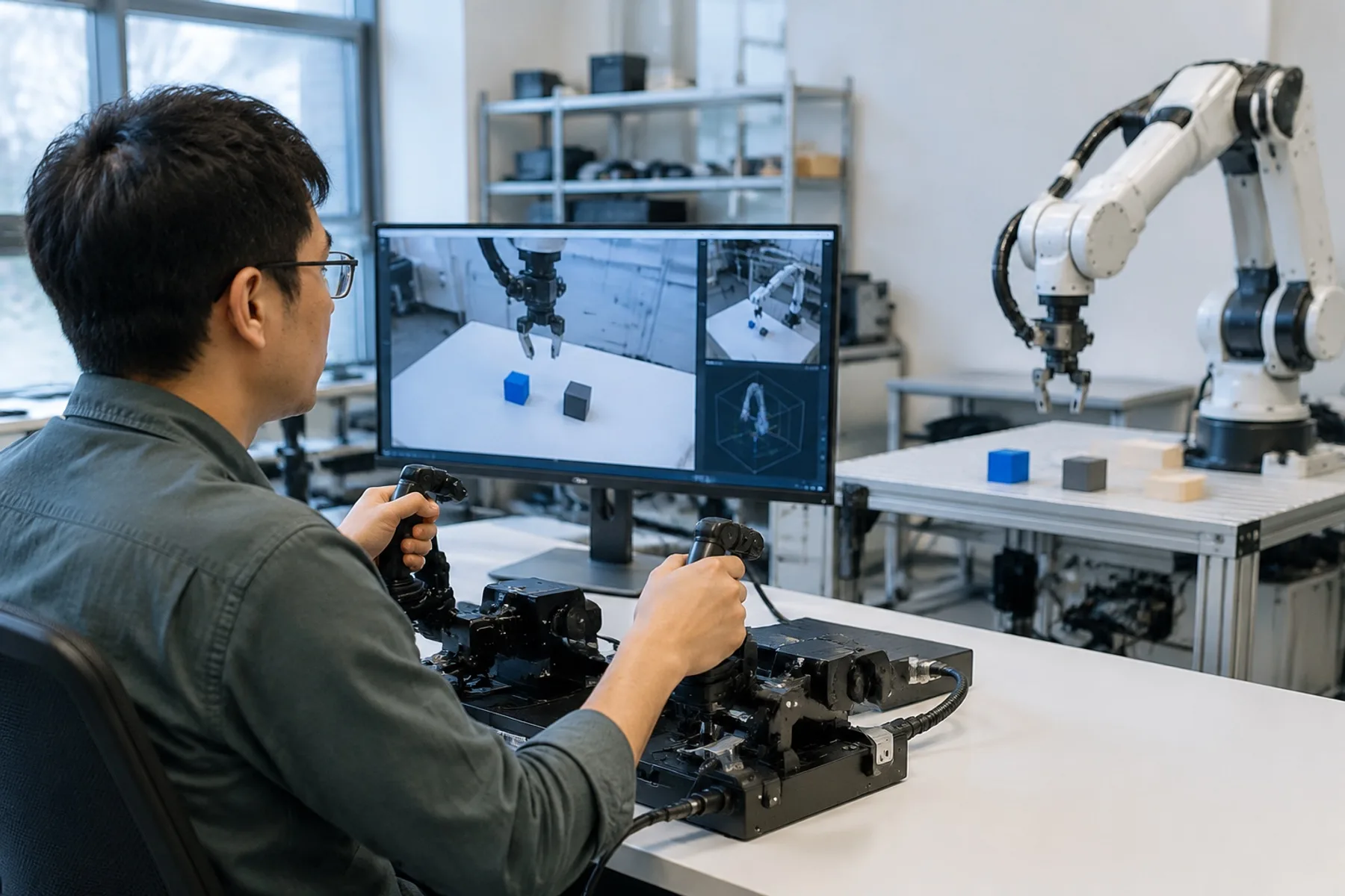 A robotics engineer operating a teleoperation rig for a robot arm in a research laboratory