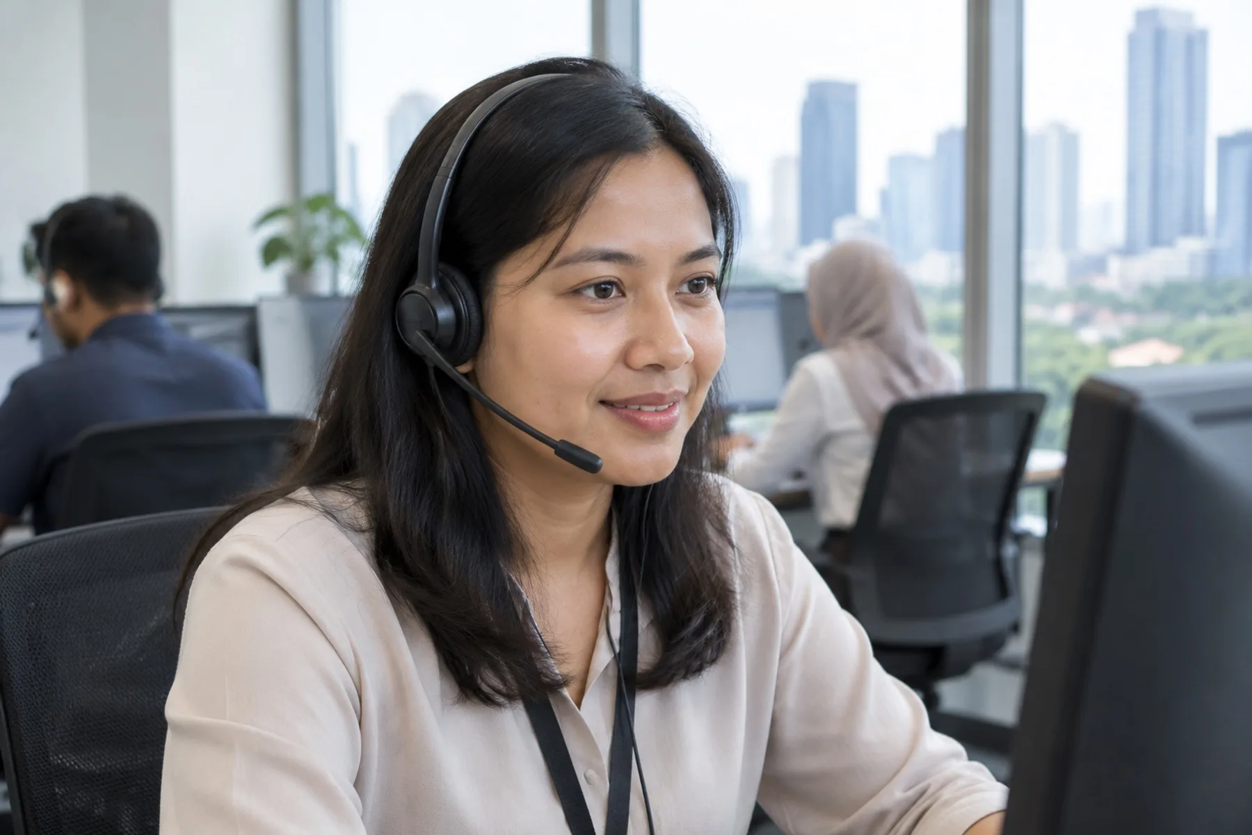 An Indonesian call center agent wearing a headset at a desk in a Jakarta office