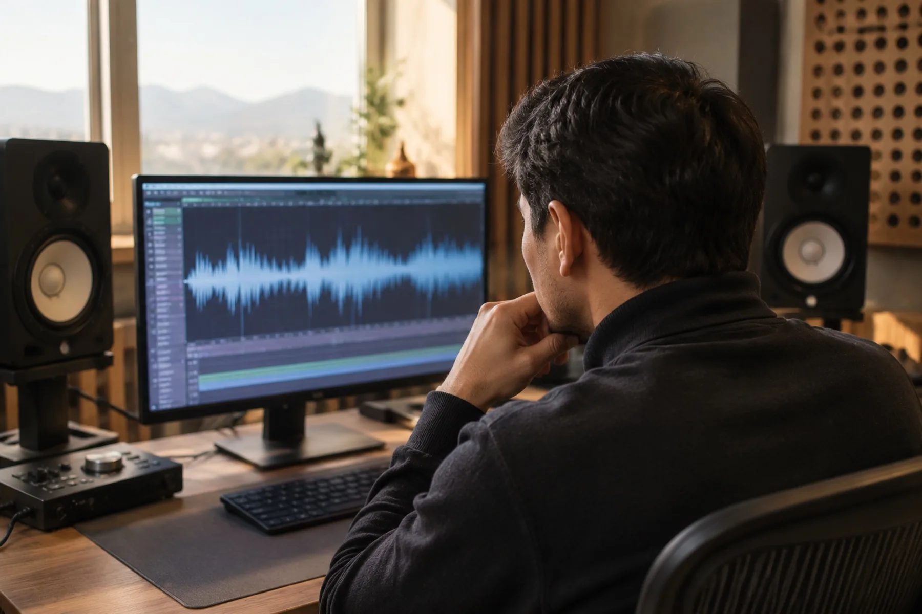 An audio engineer at a studio desk reviewing an audio waveform on a monitor, with studio monitors either side