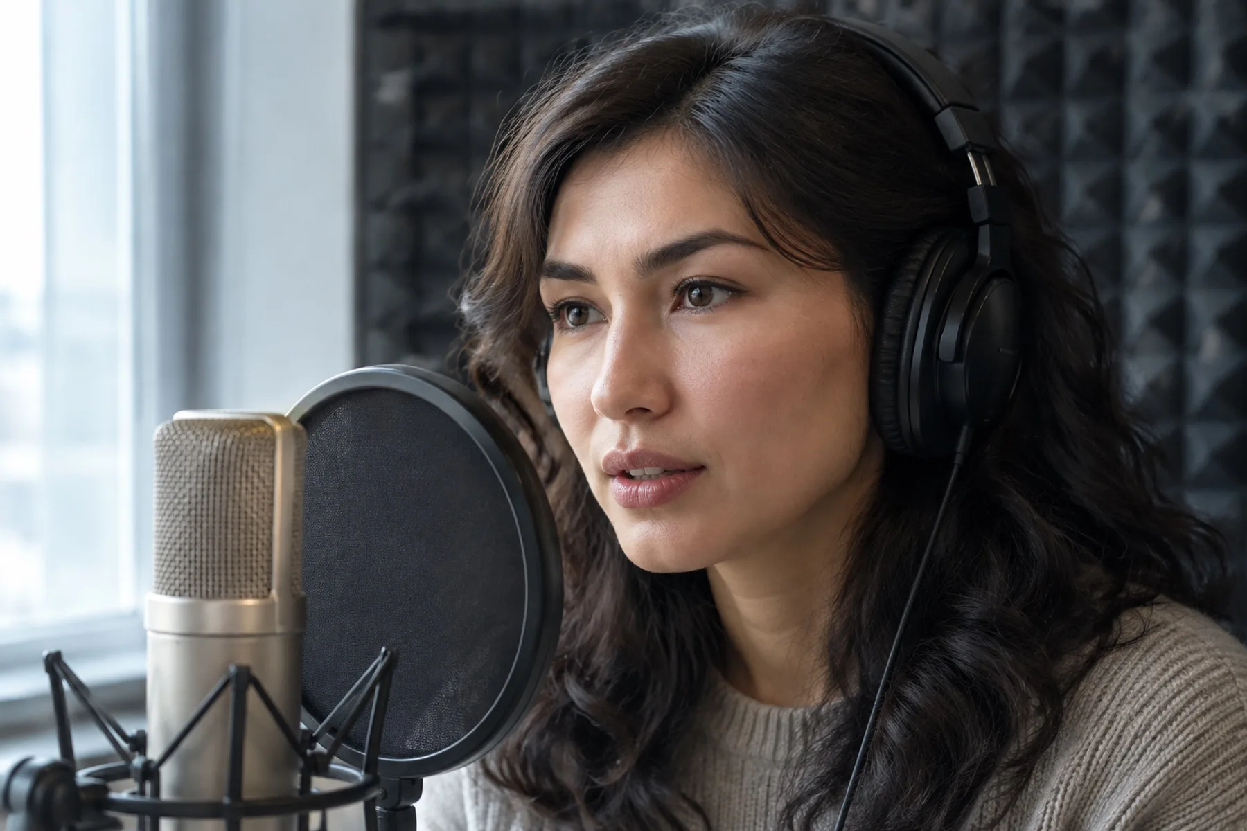 A voice actor wearing headphones speaks into a condenser microphone behind a pop filter in a recording studio