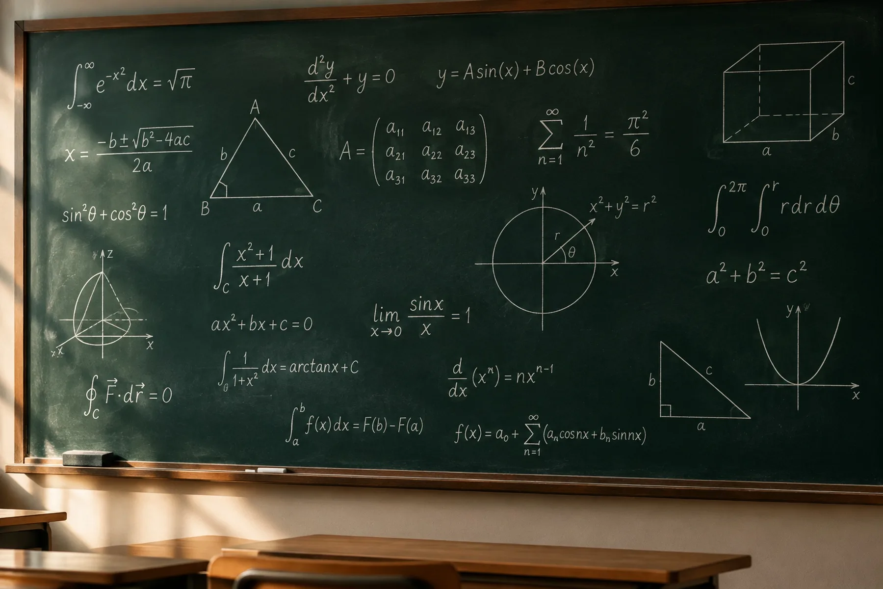 A dark green blackboard covered with handwritten mathematical equations and geometric diagrams
