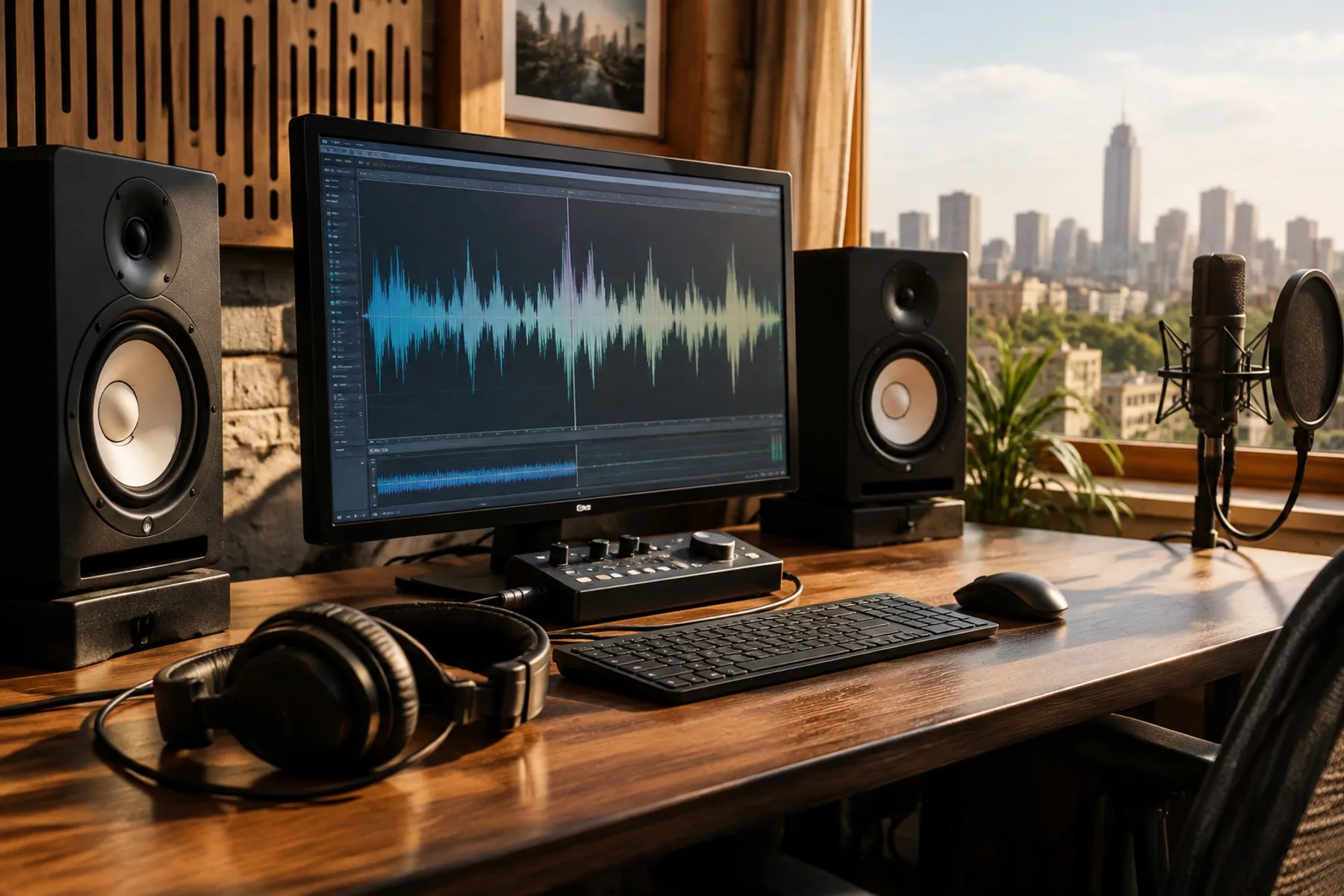 A recording desk in Nairobi with a monitor showing an abstract audio waveform and studio monitors