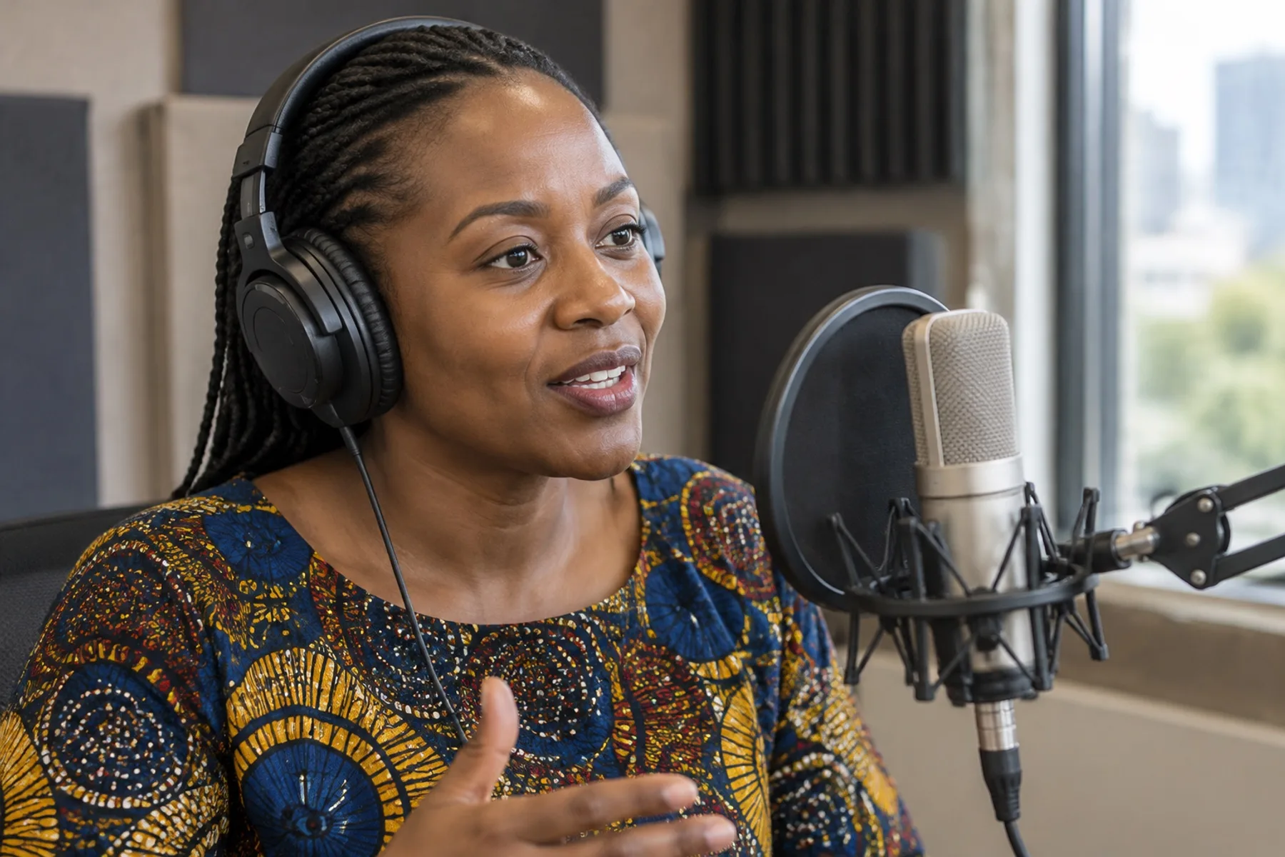 A Kenyan woman in her thirties wearing studio headphones and speaking into a condenser microphone