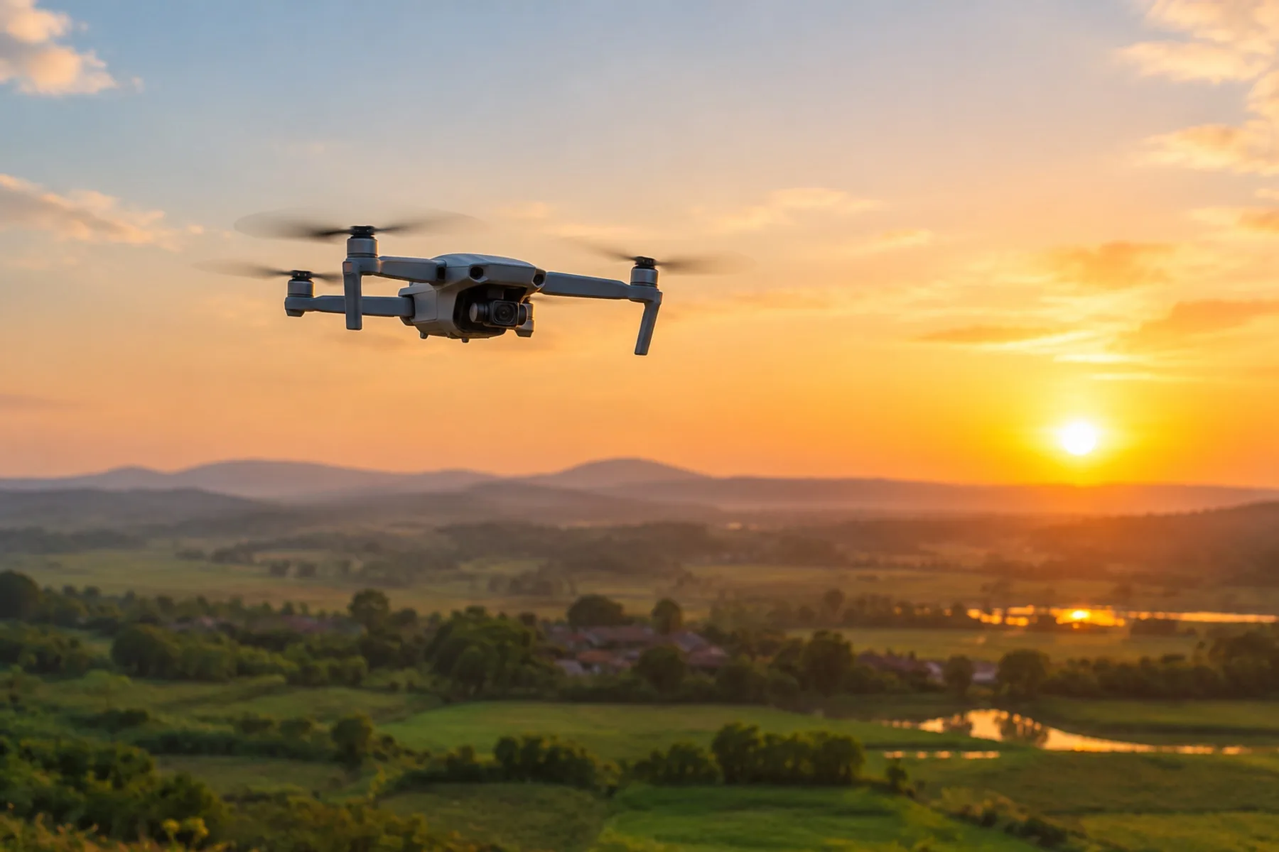 A small quadcopter drone in flight over a rural landscape at golden hour