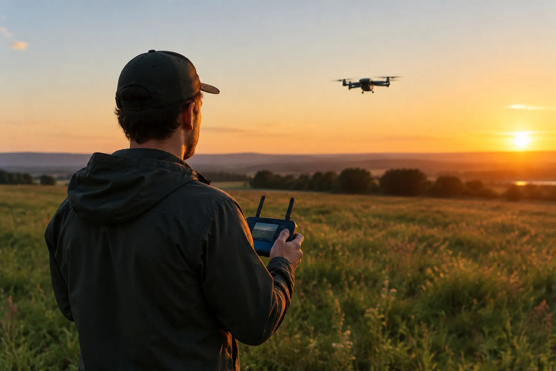 A drone pilot holding a remote controller in an open field at golden hour, seen from behind