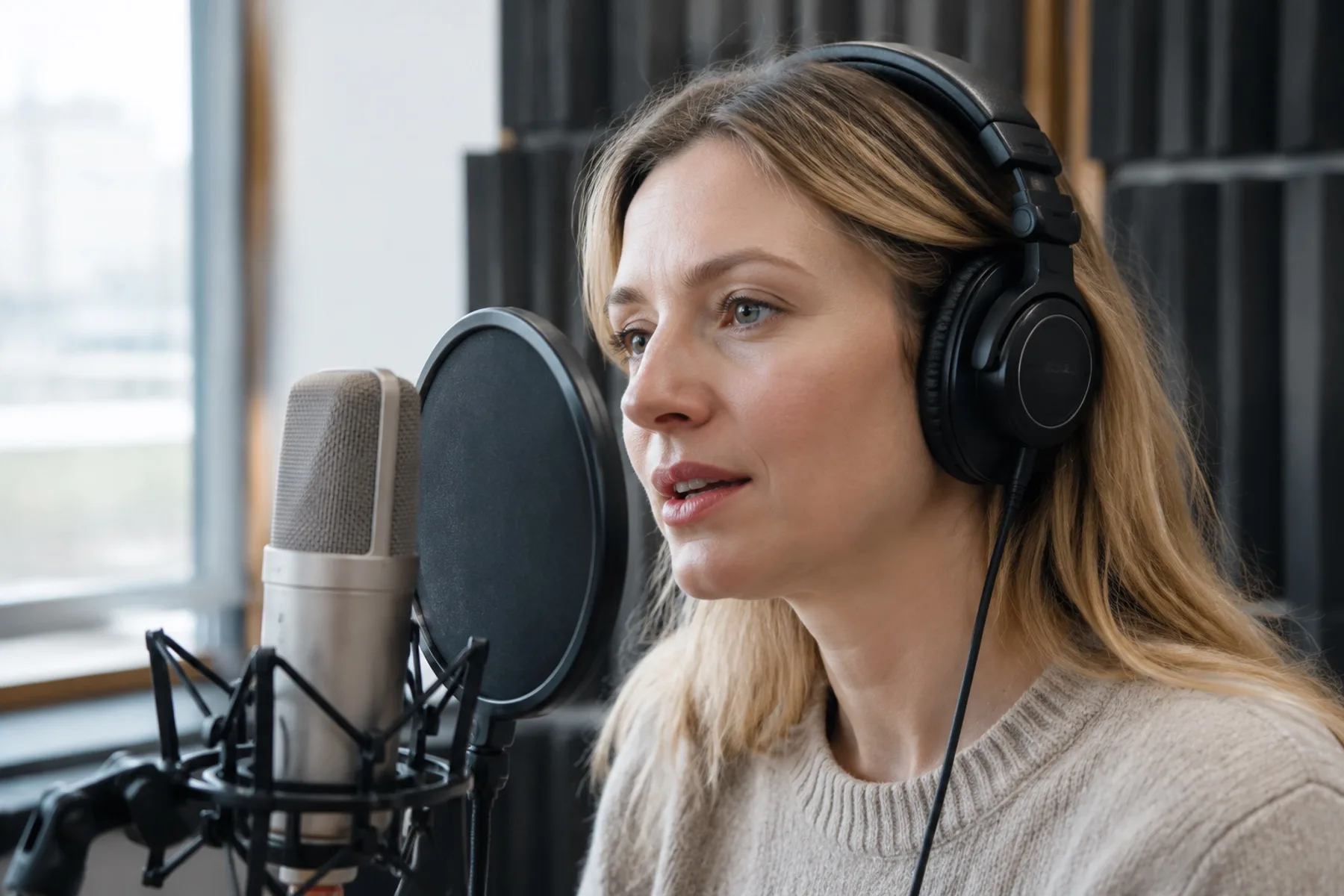 A Ukrainian woman in her thirties wearing studio headphones and speaking into a condenser microphone