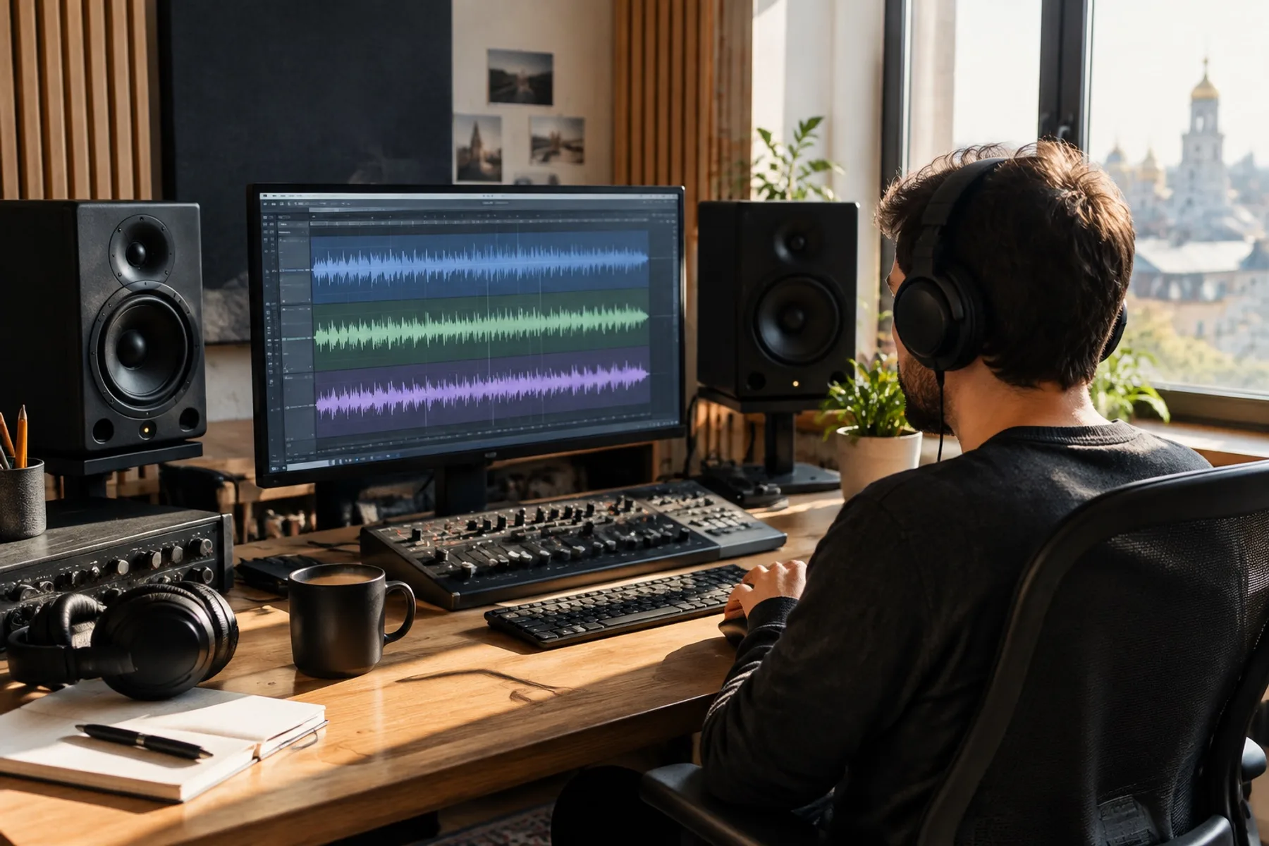 A recording desk with a monitor showing an abstract audio waveform and studio monitors beside it