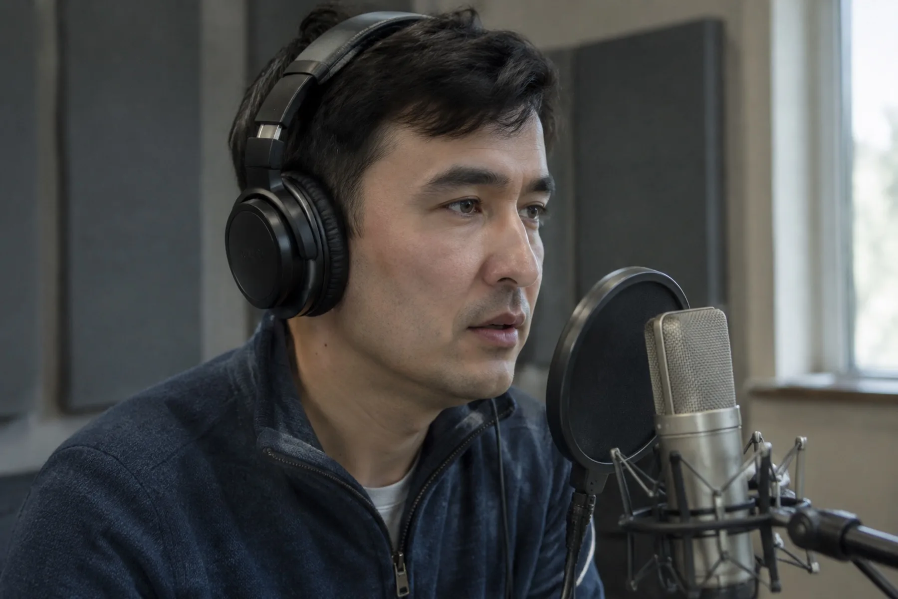 An Uzbek man in his thirties wearing studio headphones and speaking into a condenser microphone