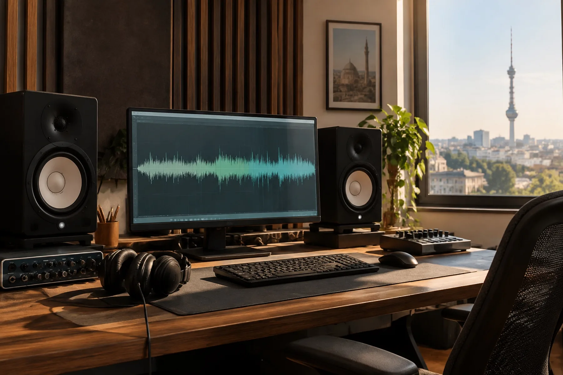 A recording studio desk in Tashkent with a monitor showing an abstract audio waveform