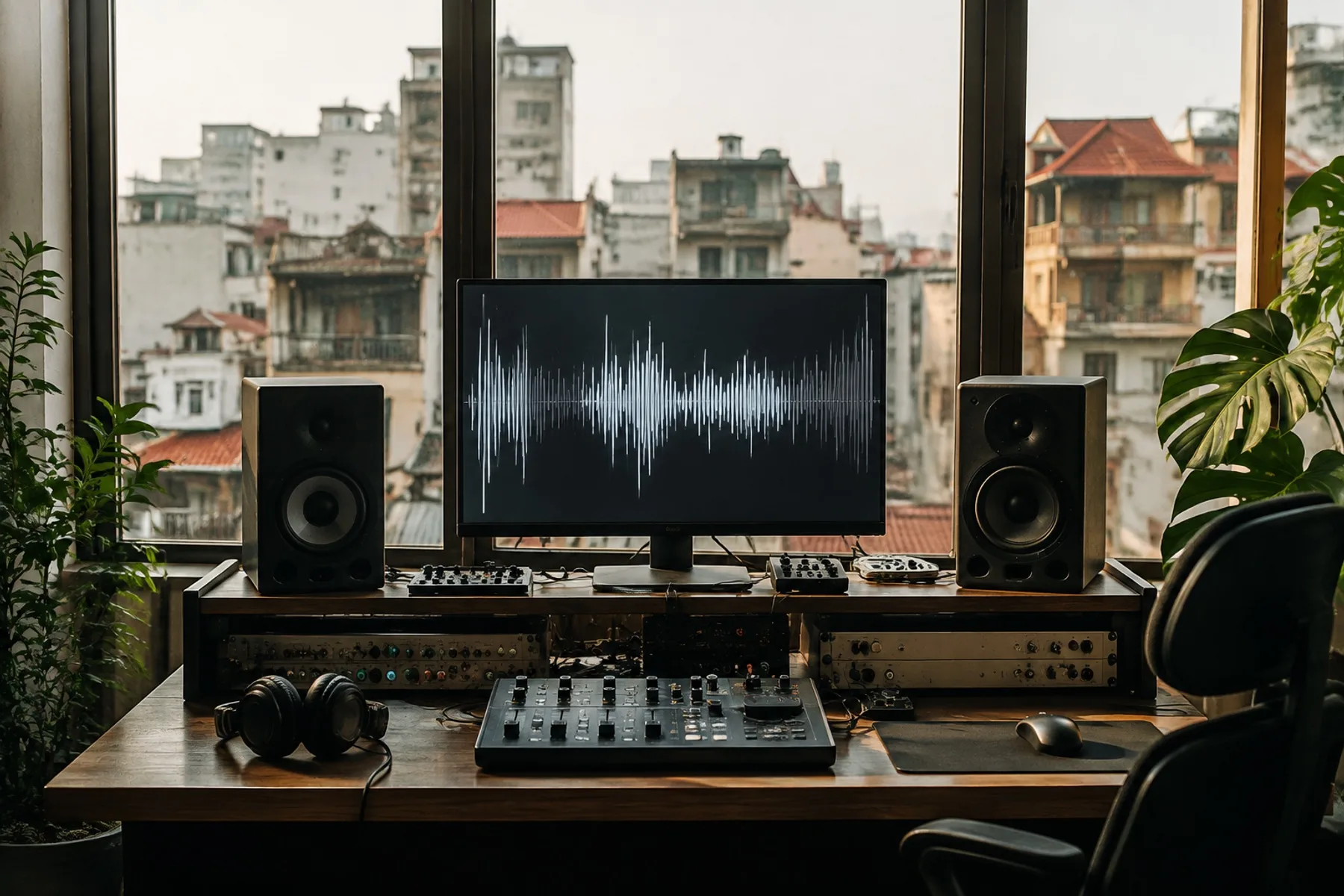 A recording desk in Hanoi with a monitor showing an abstract audio waveform and studio monitors