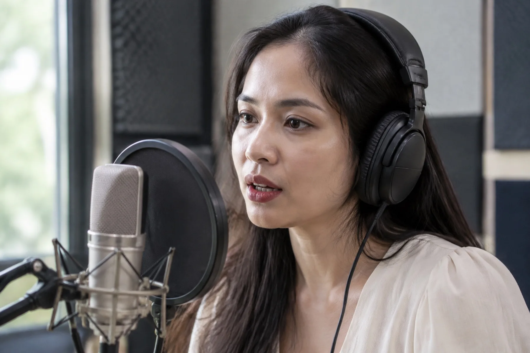 A Vietnamese woman in her thirties wearing studio headphones and speaking into a condenser microphone